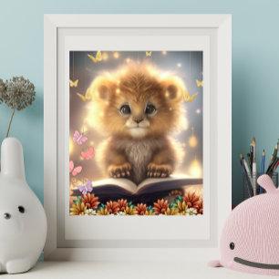 Poster Lion mignon lisant un livre Art Nounou