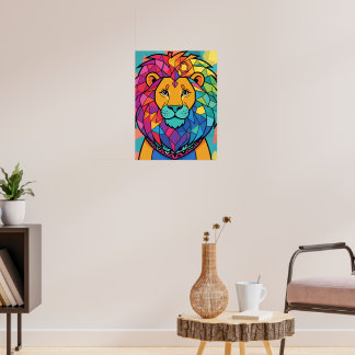 Poster Lion Mosaïque Géométrique Abstraite Couleurs Vives