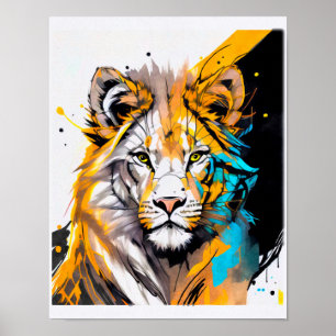 Poster Lion noir violet bleu formes lignes peint plash
