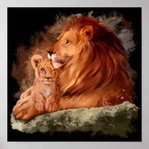Poster Lion papa et un petit lionceau