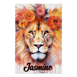 Poster Lion Pastel Fleurs Safari Aquarelle Savannah Chat