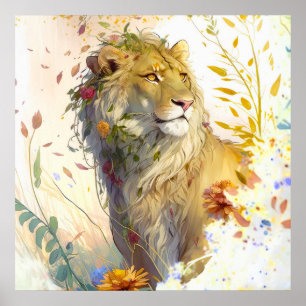 Poster Lion Portrait Animal Peinture Forêt faunique
