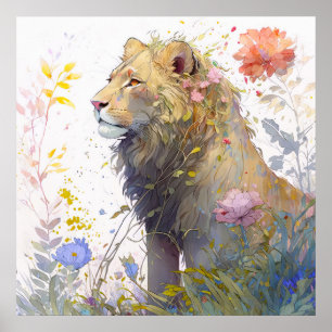 Poster Lion Portrait Animal Peinture Forêt faunique