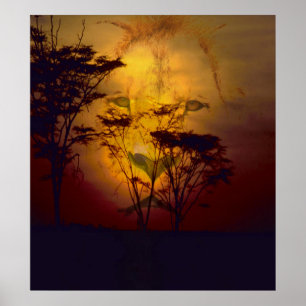 Poster Lion regardant au-dessus du coucher du soleil