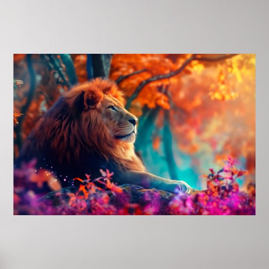 Poster Lion royal dans la conception forestière enchantée (Devant)