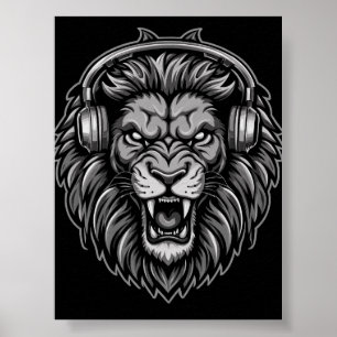 Poster Lion rugissant féroce avec casque audio monochrome