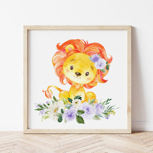 Poster Lion, Safari, Fleurs pourpres, Neutre Genre