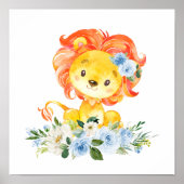 Poster Lion, Safari, Jungle, Fleurs Bleues, Pépinière (Devant)