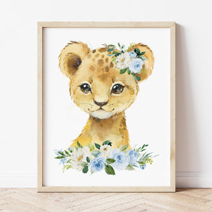 Poster Lion, Safari, Jungle, Fleurs Bleues, Pépinière