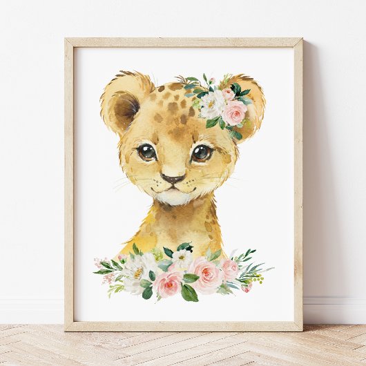 Poster Lion, Safari, Jungle, Fleurs roses, Pépinière