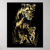 Poster Lioness Cubs Hunter Team Lion Wildlife Sketch (Devant)