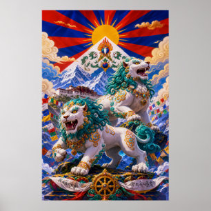 Poster Lions des neiges tibétains - Patrimoine bouddhiste
