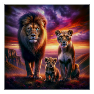 Poster Lions majestueux au coucher du soleil en Afrique S