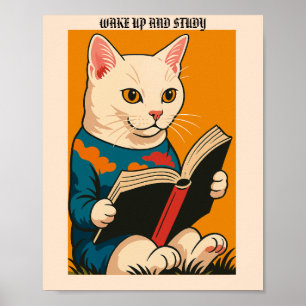 Poster Lire Feline Avec Un Livre — Réveillez-Vous Et Étud