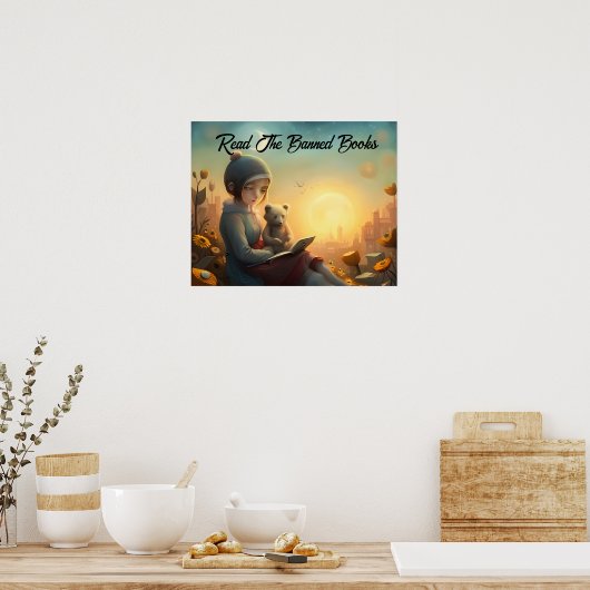 Poster Lire les livres interdits Lecture fille et ours (Cuisine)