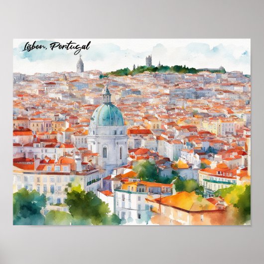 Poster Lisbon Portgual Watercolor Panorama View City (Devant)
