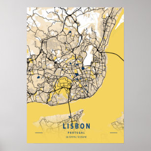 Poster Lisbonne - Portugal Carte de la ville jaune