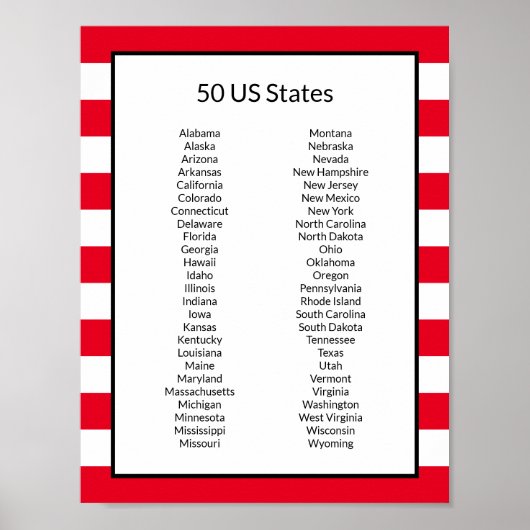 Poster Liste alphabétique de 50 États américains (Devant)