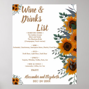 Poster Liste de boissons de verdure de tournesols Mariage