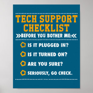 Poster Liste de contrôle de support technique drôle Geek