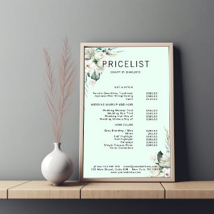 Poster Liste de prix de fleurs blanches modernes et éléga