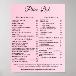 Poster Liste de Prix de Salon de Beauté Élégant Moderne