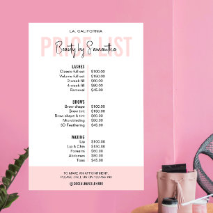 Poster Liste de Prix de Salon de Beauté Rose Pâle Féminin