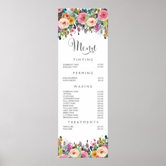 Poster Liste de prix du menu du salon floral peint sur mu (Devant)