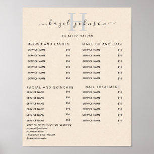 Poster Liste de prix du salon de beauté élégant moderne