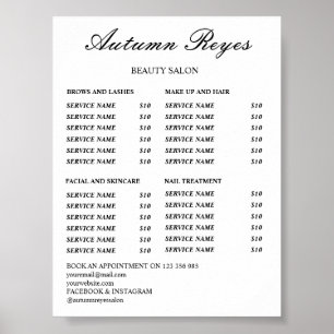 Poster Liste de prix du salon de beauté Vintage