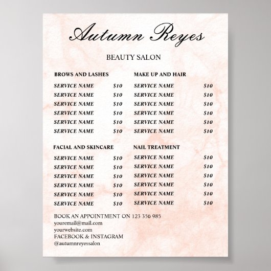 Poster Liste de prix du salon de beauté Vintage (Devant)