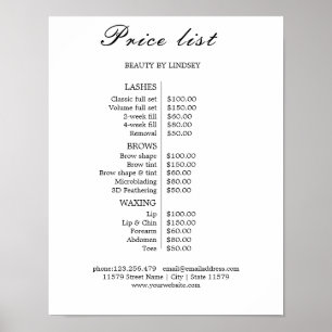 Poster Liste de prix du salon de beauté Vintage