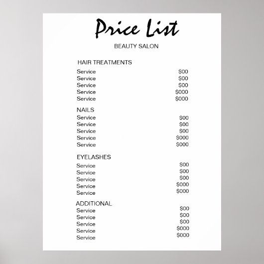 Poster Liste de prix du salon de beauté Vintage (Devant)