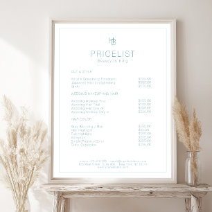 Poster Liste de Prix Salon Minimal Monogramme Blanc Menth