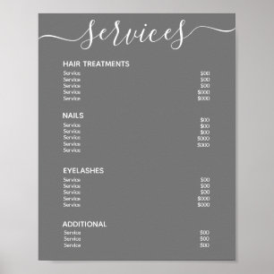 Poster Liste de Prix Salon Minimaliste Gris Menu de Servi