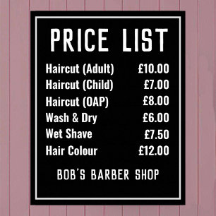 Poster Liste des prix du salon de coiffure