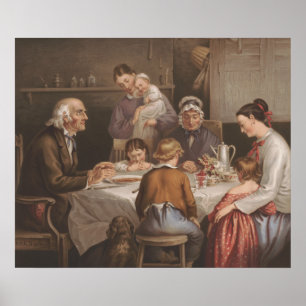 Poster Lithographie vintage de prière de dîner de famille