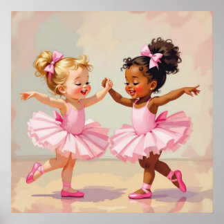 Poster Little Ballerinas Dancing Cute Illustration
