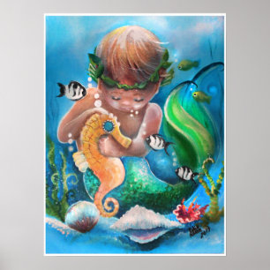 Poster Little Boy Merm et son cheval de mer