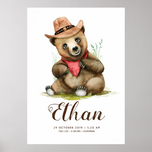 Poster Little Cowboy - Young Bear Cute Kid Room (Devant)