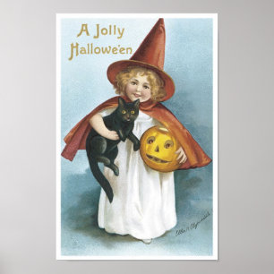 Poster Little Girl and Black Cat Jolly Halloween