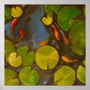 Poster Little Goldfish Koi in Pond with Lily Pads