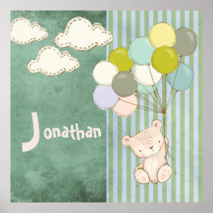 Poster Little White Bear Balloons Boy Rustique