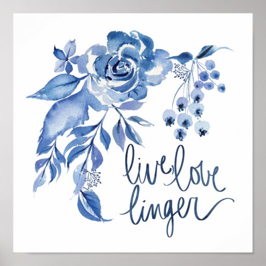 Poster Live Love Linger | Floral Rose bleu (Devant)