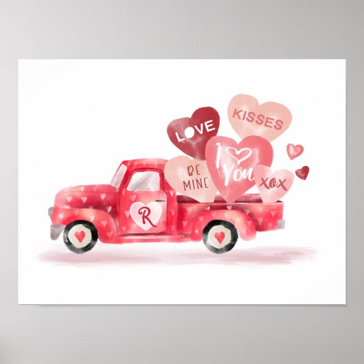 Poster Livraison Valentine's Red Watercolor Camion & Coeu (Devant)