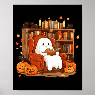 Poster Livre de lecture fantôme avec chat noir Halloween
