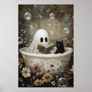Poster Livre de lecture fantôme et chat noir prenant un b