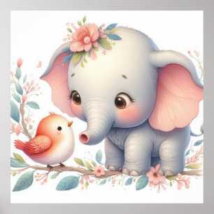 Poster Livre d'histoire Bois Bébés Eléphant et oiseau