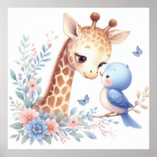 Poster Livre D'Histoire Bois Bébés Giraffe Et Oiseau Bleu