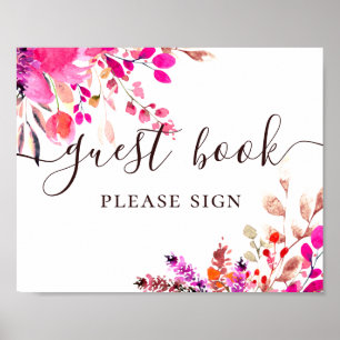 Poster Livre d'or. Mariage floral rose à l'aquarelle écri